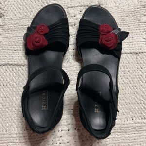 Vintage Ziera Black Suede Sandals with Rose Embellishment